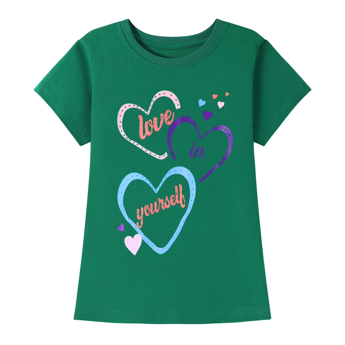 HILEELANG Little Girl Short Sleeve Tees Summer Pink Orange Green Heart Cotton Tops Shirts 3 Packs