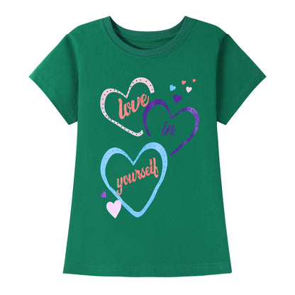 HILEELANG Little Girl Short Sleeve Tees Summer Pink Orange Green Heart Cotton Tops Shirts 3 Packs