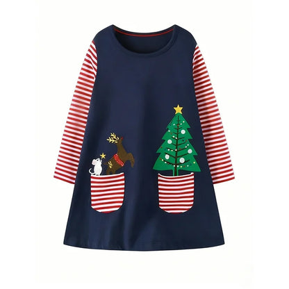 HILEELANG Toddler Girl Christmas Dress Navy Blue Deer Elk Santa Christmas Tree Applique Long Sleeve Cotton Holiday Dresses