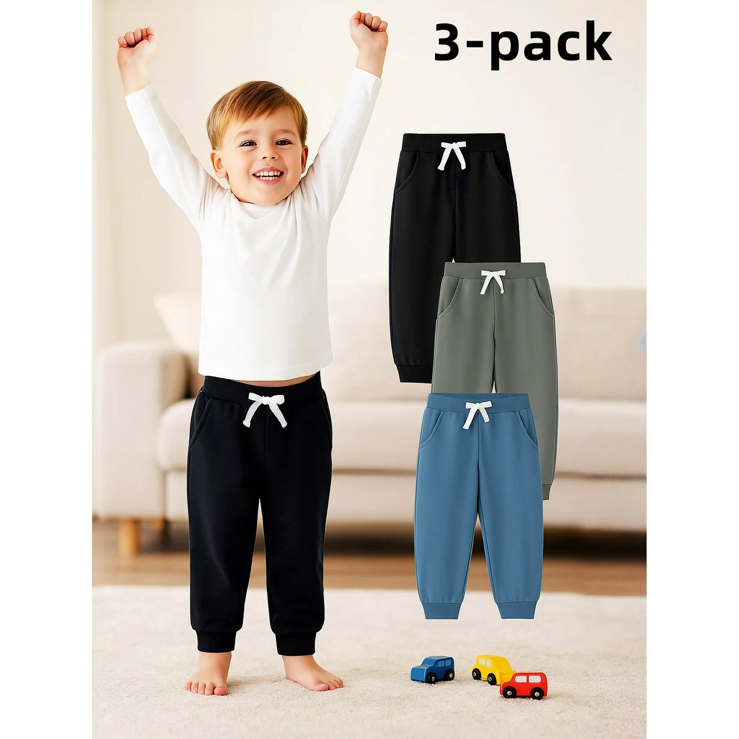 HILEELANG Baby Boys Cotton Jogger Sweatpants 3 Pack, Black Grey Blue Soft Elastic Waist Playwear Sport Pants with Pockets