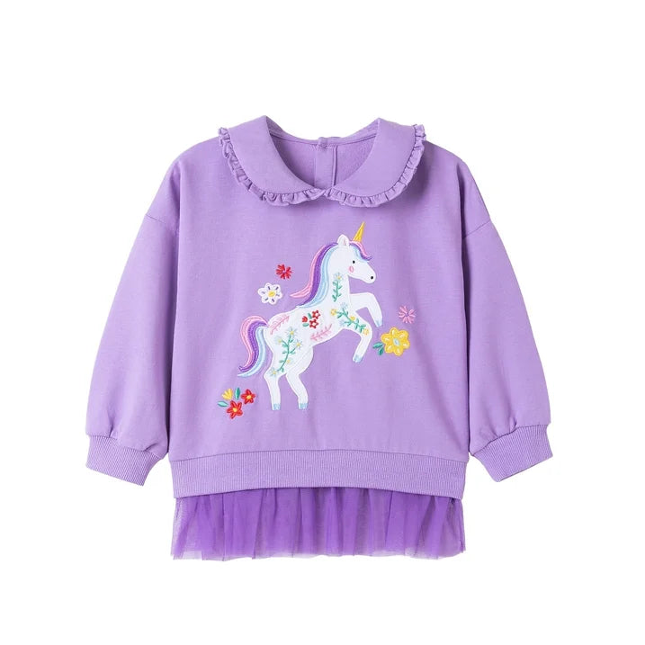 HILEELANG Toddler Girl Sweatshirt and Leggings Set （Age:2-7Y) – Long Sleeve Purple Unicorn Pullover with Collar and Off white Pants, Fall Winter Outfit for Kids