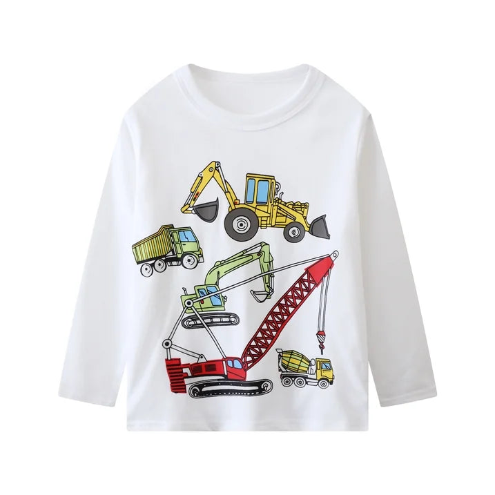 HILEELANG Toddler Boys' Long Sleeve Tee Shirt Christmas Cotton Casual Crewneck Excavator Graphic Tops T-Shirts Yellow Gray White 3 Packs