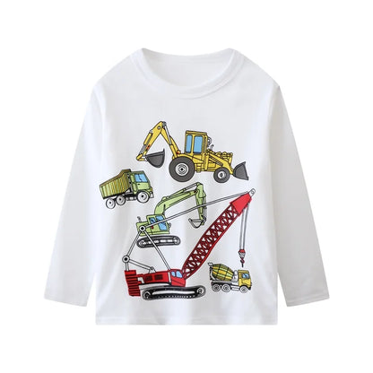 HILEELANG Toddler Boys' Long Sleeve Tee Shirt Christmas Cotton Casual Crewneck Excavator Graphic Tops T-Shirts Yellow Gray White 3 Packs