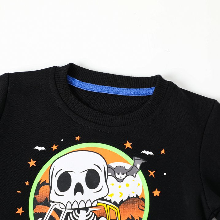 HILEELANG Toddler Boy Black Sweatshirts Halloween Skeleton Pumpkin Graphic Glow in the Dark Crewneck Long Sleeve Pullover Cotton Top Sweater Shirts