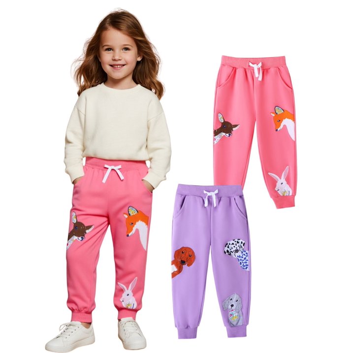 HILEELANG Toddler Girls （Age:12M-7Y) Cotton Joggers Sweatpants Animal Embroidery Drawstring Waist and Pockets-Pink Purple Casual Athletic Pants for Kids