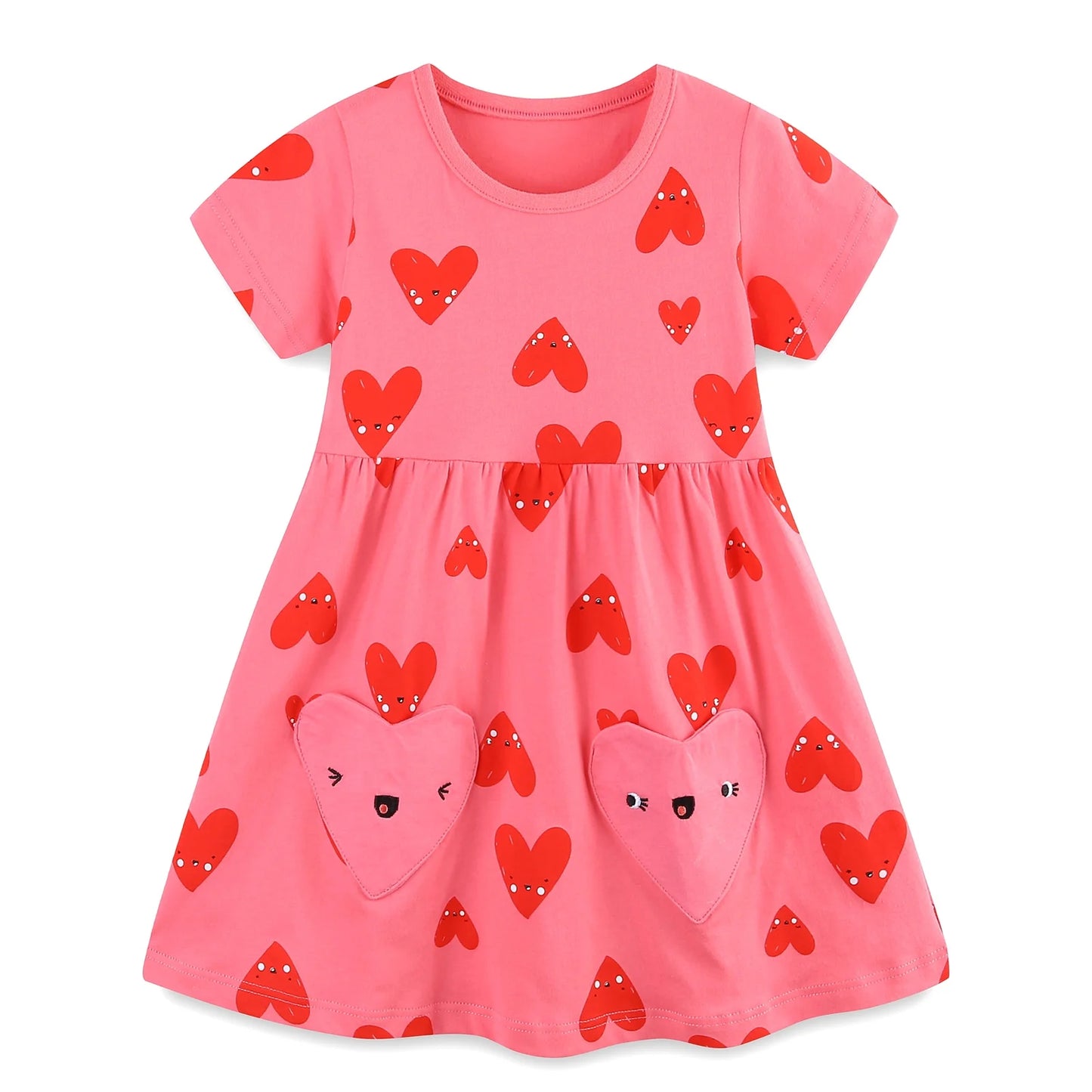HILEELANG Toddler Little Girls 2 Pack Short Sleeve Dresses, Soft Cotton Summer Play Dress Set for Vacation Birthday Everyday Wear