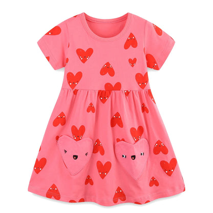 HILEELANG Toddler Little Girls 2 Pack Short Sleeve Dresses, Soft Cotton Summer Play Dress Set for Vacation Birthday Everyday Wear