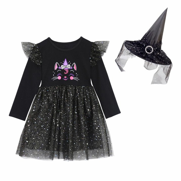 HILEELANG Toddler Girls Halloween Dress 2–7Y, Long Sleeve Pumpkin Ghost Black Cat Print Tulle Skirt with Witch Hat
