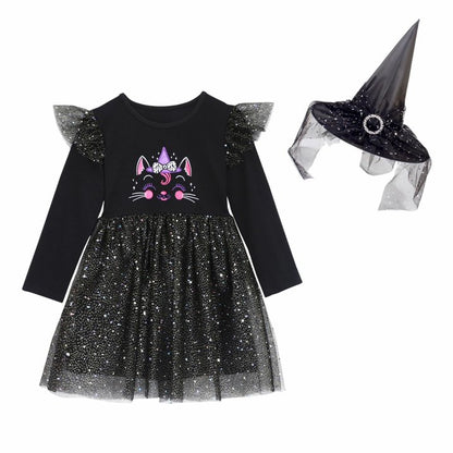 HILEELANG Toddler Girls Halloween Dress 2–7Y, Long Sleeve Pumpkin Ghost Black Cat Print Tulle Skirt with Witch Hat