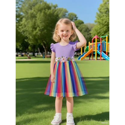 HILEELANG Toddler Little Girls Rainbow Tulle Dress, Floral Embroidered Flutter Sleeve Birthday Party Tutu Dress for Girls