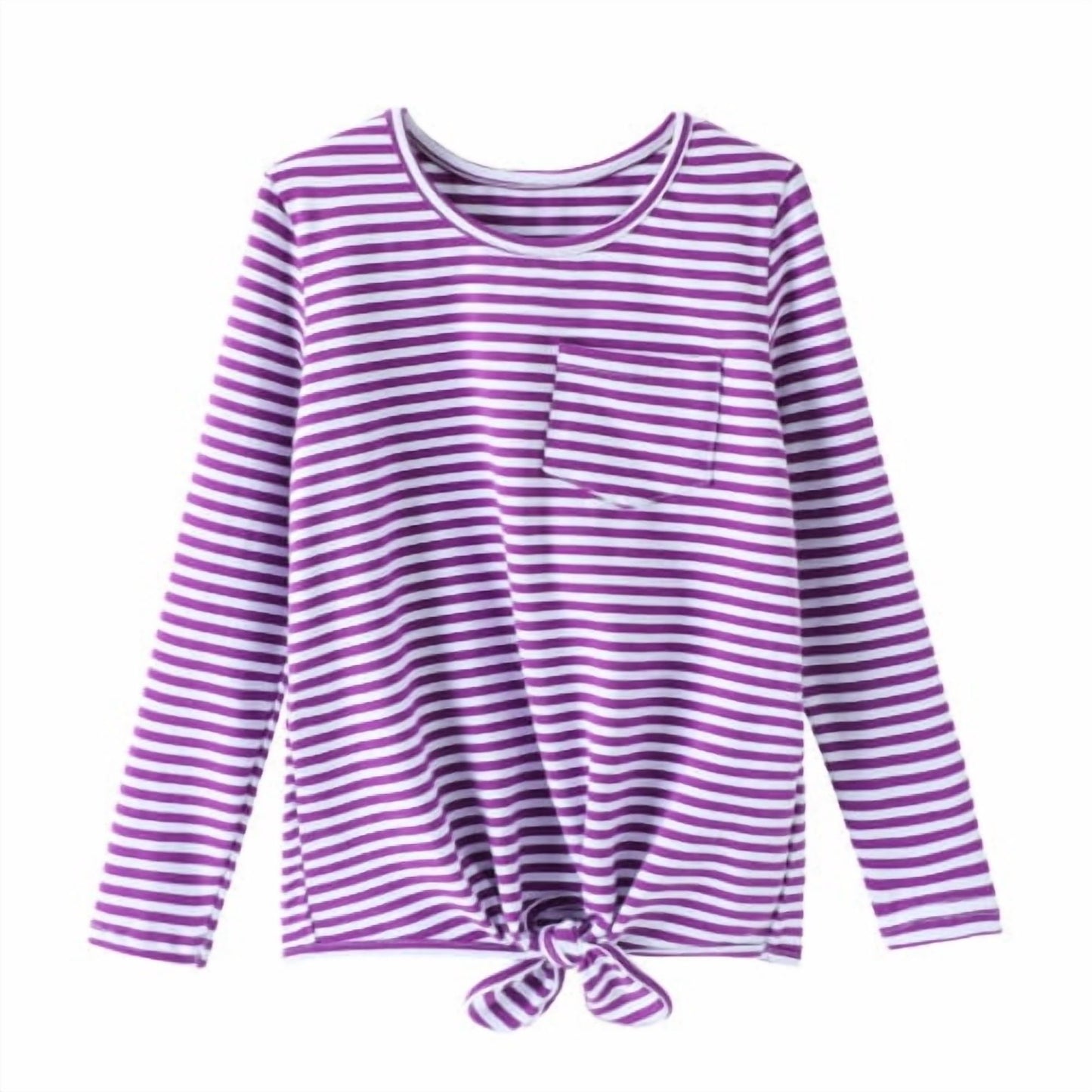 HILEELANG Girls 100% Cotton Long Sleeve T-Shirt 4-Pack, Purple Stripe Navy Pink White, Casual Everyday Tops
