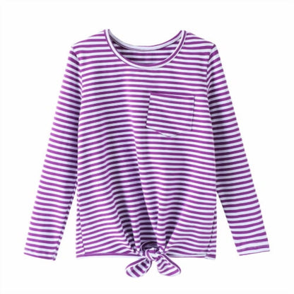 HILEELANG Girls 100% Cotton Long Sleeve T-Shirt 4-Pack, Purple Stripe Navy Pink White, Casual Everyday Tops