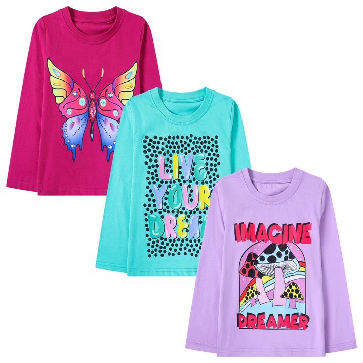 HILEELANG Toddler Girls' Long Sleeve Tee Shirt Cotton Crewneck Butterfly Graphic Tops T-Shirts Purple Green 3 Packs