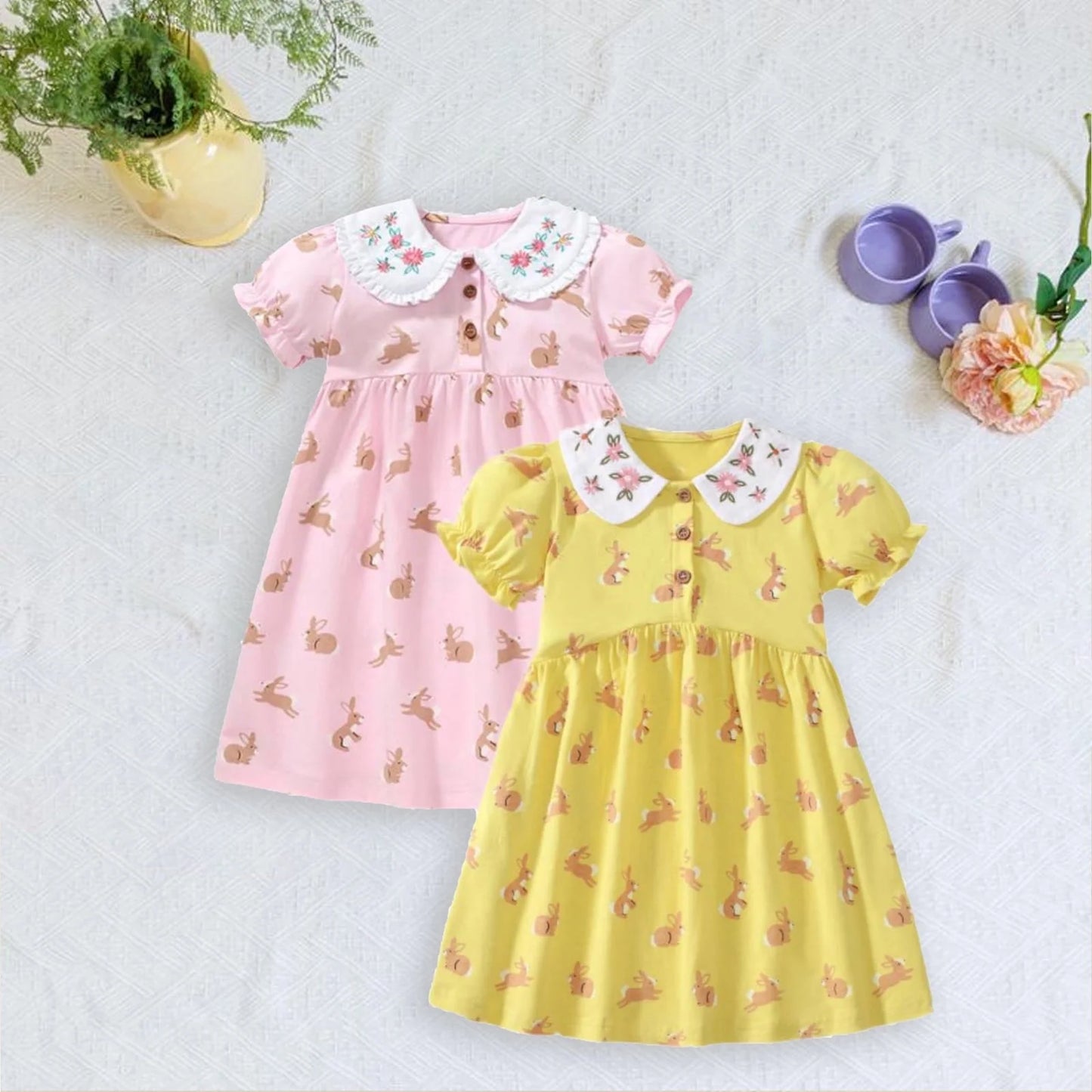 HILEELANG Toddler Little Girls 2 Pack Short Sleeve Dresses, Soft Cotton Summer Play Dress Set for Vacation Birthday Everyday Wear