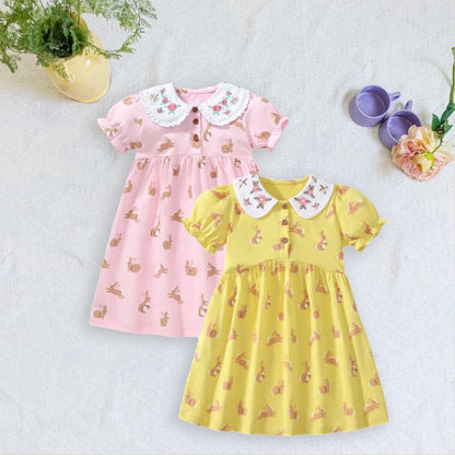 HILEELANG Toddler Little Girls 2 Pack Short Sleeve Dresses, Soft Cotton Summer Play Dress Set for Vacation Birthday Everyday Wear