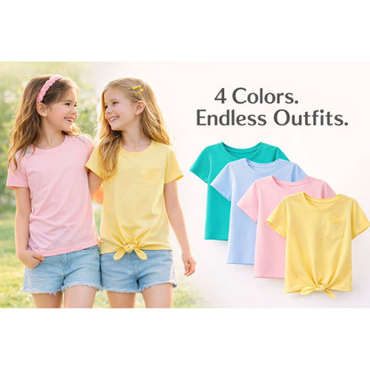 HILEELANG 4-PC Little Girls 5-16Y Teal Light Blue Peach Yellow Cotton Short Sleeve Crewneck T Shirt Tee