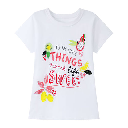 HILEELANG Little Girl Short Sleeve Tees Summer Pink White Green Flowers Cotton Tops Shirts 3 Packs