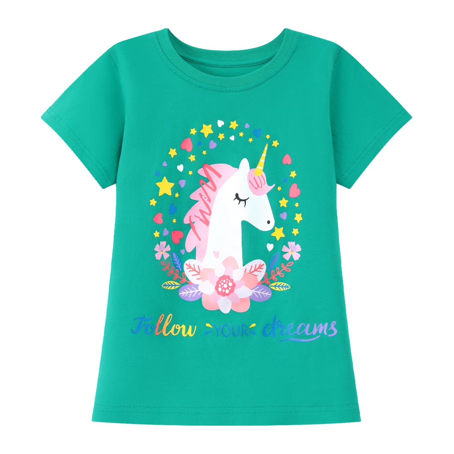 HILEELANG Little Girl Cotton Short Sleeve Tees, Unicorn Print, 3-Pack