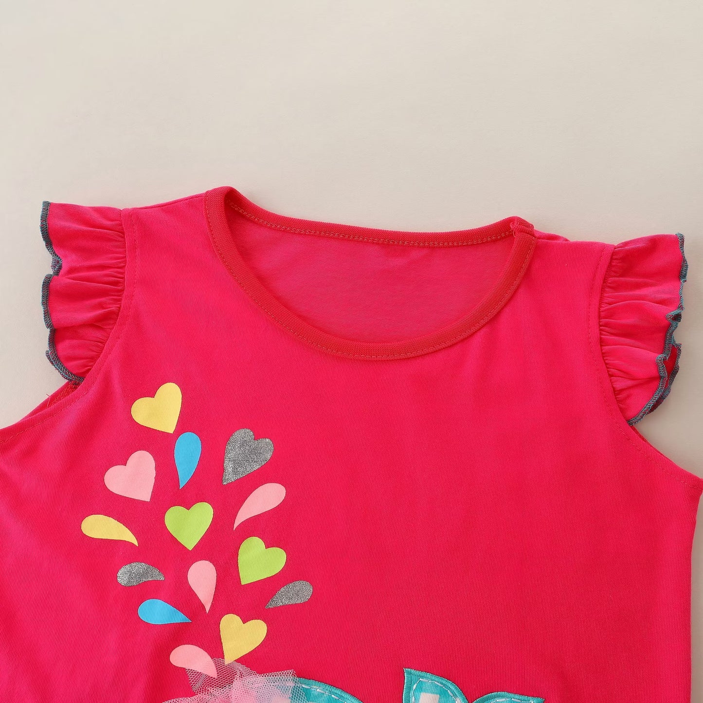 HILEELANG Toddler Girl's Summer Cotton Outfit Set, Ruffle Sleeve Pink Fish Top and Check Shorts