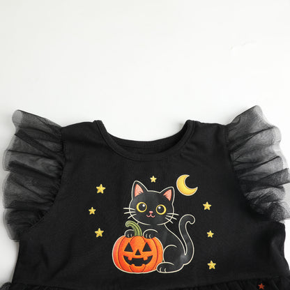 HILEELANG Girls Cotton Halloween Dress Black Cat Pumpkin Tulle Flutter Sleeve