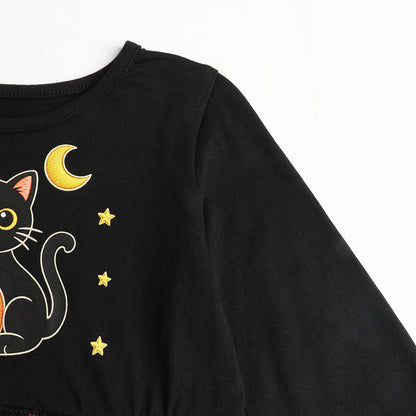 HILEELANG Girls Cotton Halloween Dress Long Sleeve Black Cat Pumpkin Tulle Dress