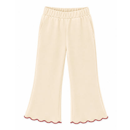HILEELANG Girls 2-Piece Outfit Set, Bow Embroidered Sweatshirt and Flare Pants with Scalloped Trim, Cream, Ages 3Y