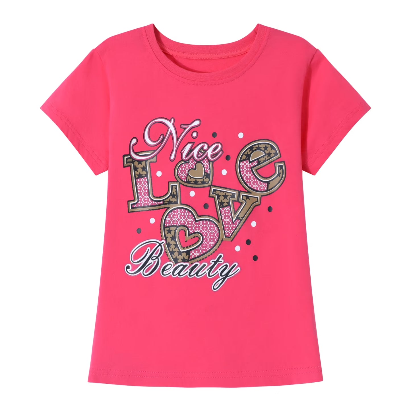 HILEELANG Little Girl Short Sleeve Tees Summer Pink Orange Green Heart Cotton Tops Shirts 3 Packs