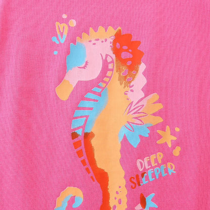 HILEELANG Toddler Girl Summer Short Outfits Cotton CrewNeck Pink Sea Horse Short Sleeve Playwear 2PC