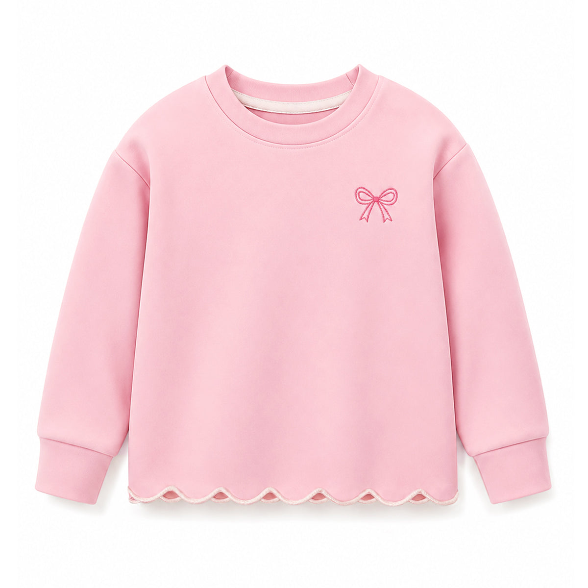 HILEELANG Girls 2-Piece Outfit Set, Bow Embroidered Sweatshirt and Flare Pants with Scalloped Trim, Pink, Ages 3Y