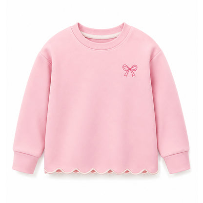 HILEELANG Girls 2-Piece Outfit Set, Bow Embroidered Sweatshirt and Flare Pants with Scalloped Trim, Pink, Ages 3Y