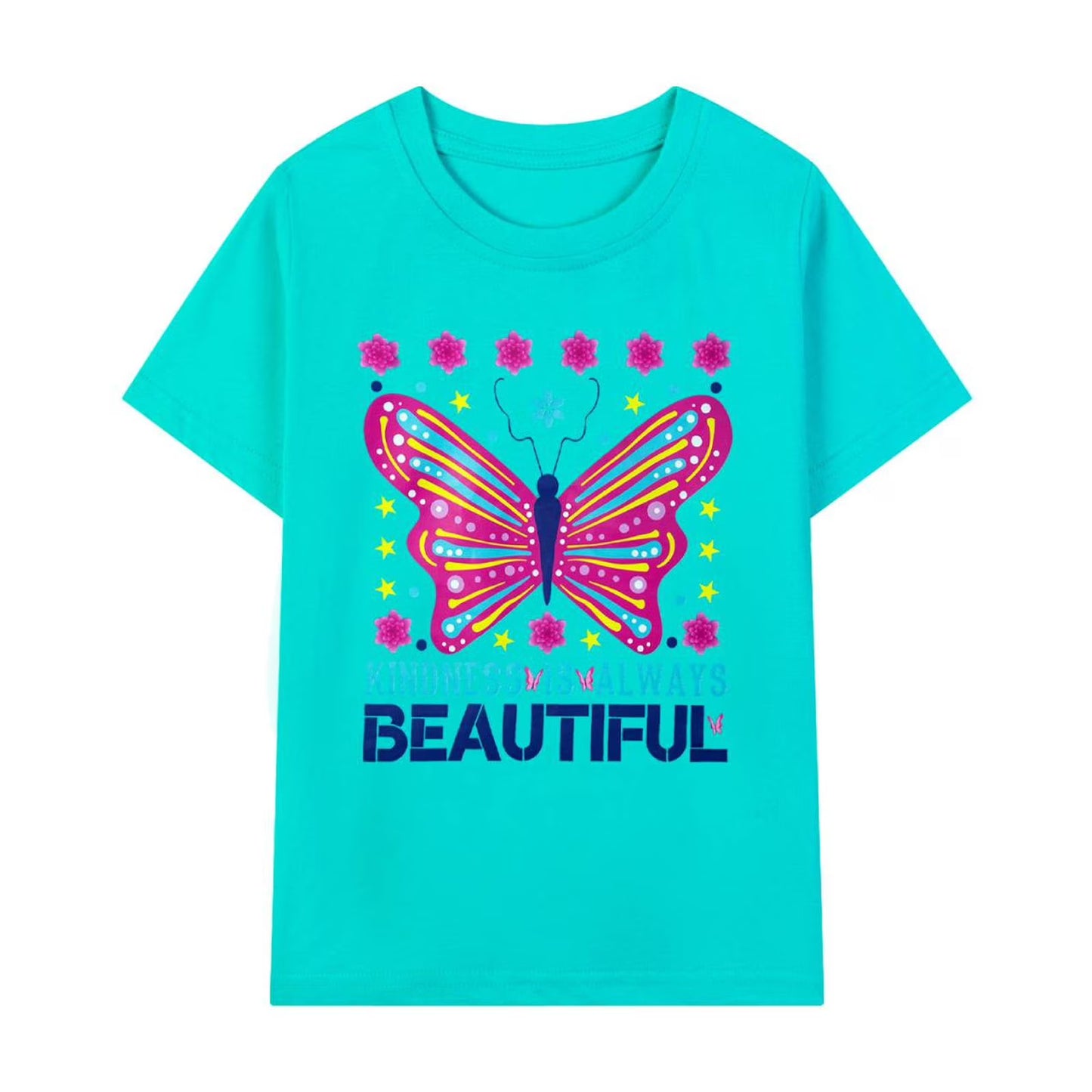 HILEELANG Little Girls' Short Sleeve Tee Shirt Cotton Casual Crewneck Butterfly Graphic Tops T-Shirts Black White Green 3 Packs