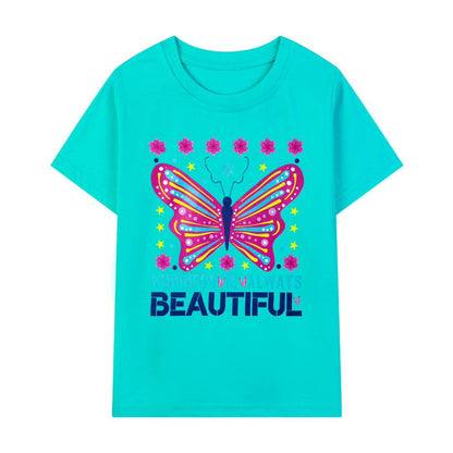 HILEELANG Little Girls' Short Sleeve Tee Shirt Cotton Casual Crewneck Butterfly Graphic Tops T-Shirts Black White Green 3 Packs