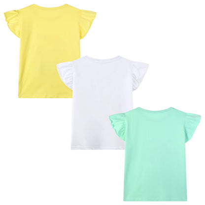HILEELANG Little Girls' Short Sleeve Tee Shirt Cotton Casual Crewneck Unicorn Flowers Graphic Tops T-Shirts Black White Green 3 Packs