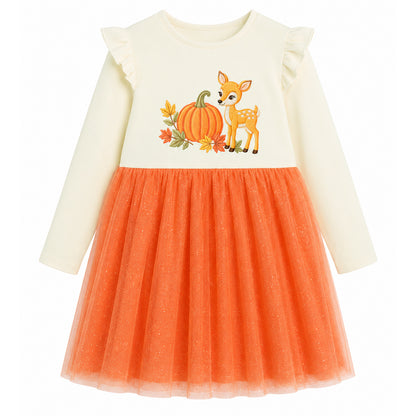 HILEELANG Toddler Girls Pumpkin Deer Layered Dress, Long Sleeve 2-7Y