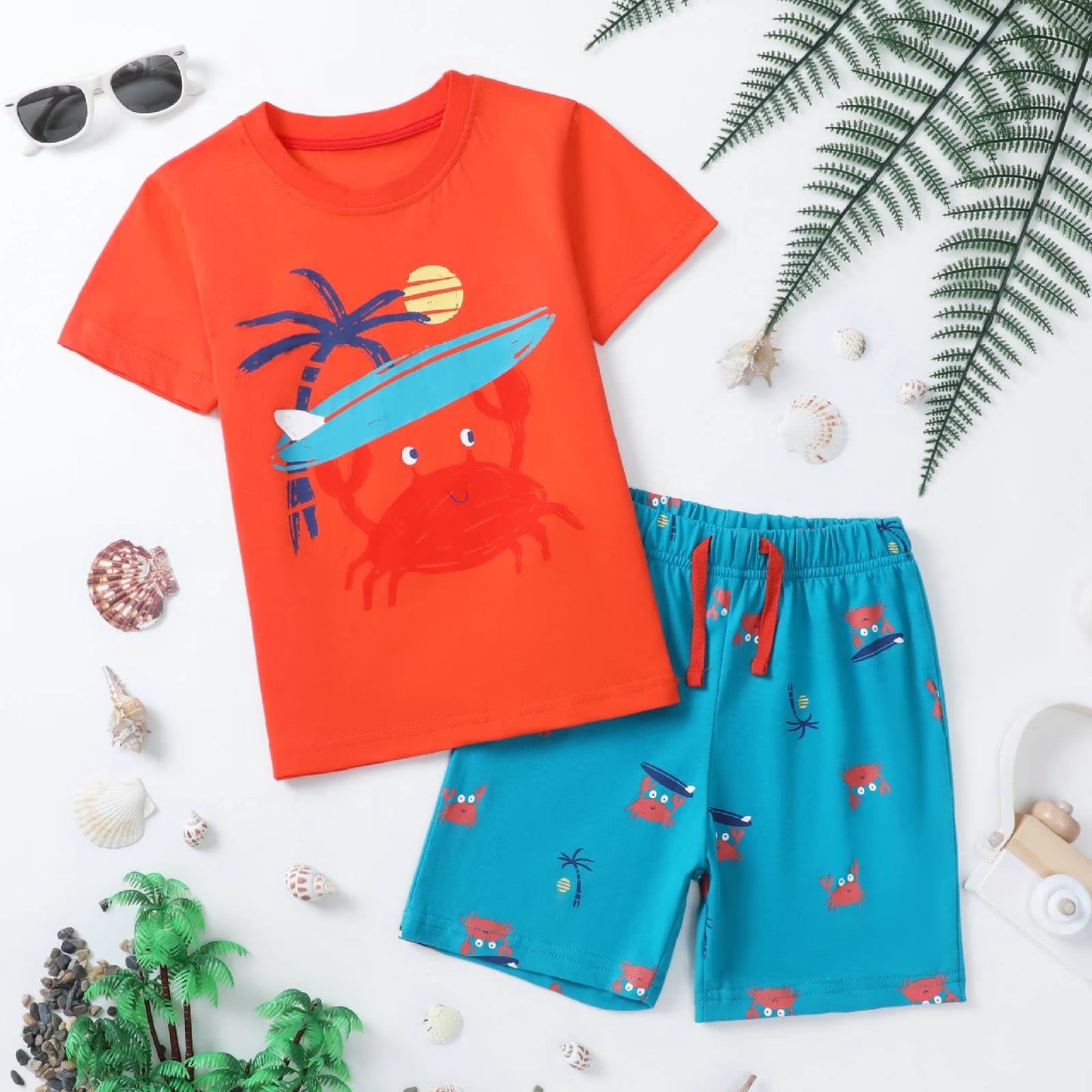 HILEELANG Toddler Boy Summer Short Clothes Sets Outfits Easter Cotton Orange Crab Shirts Shorts Playwear