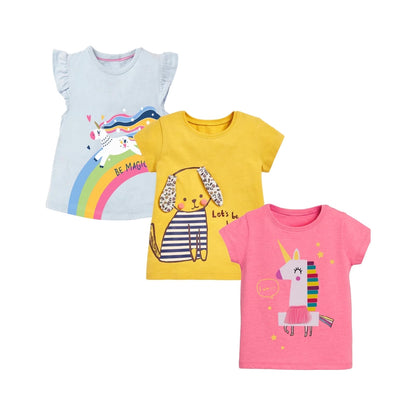 HILEELANG Toddler Girl Cotton Crewneck Tee, Short Sleeve Unicorn Puppy Graphic T-Shirts, Pink/Yellow/Blue, 3-Pack