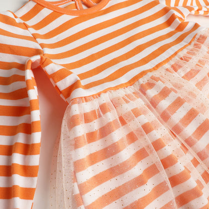 HILEELANG  Girls Pumpkin Stripe Layered Dress 2-7Y