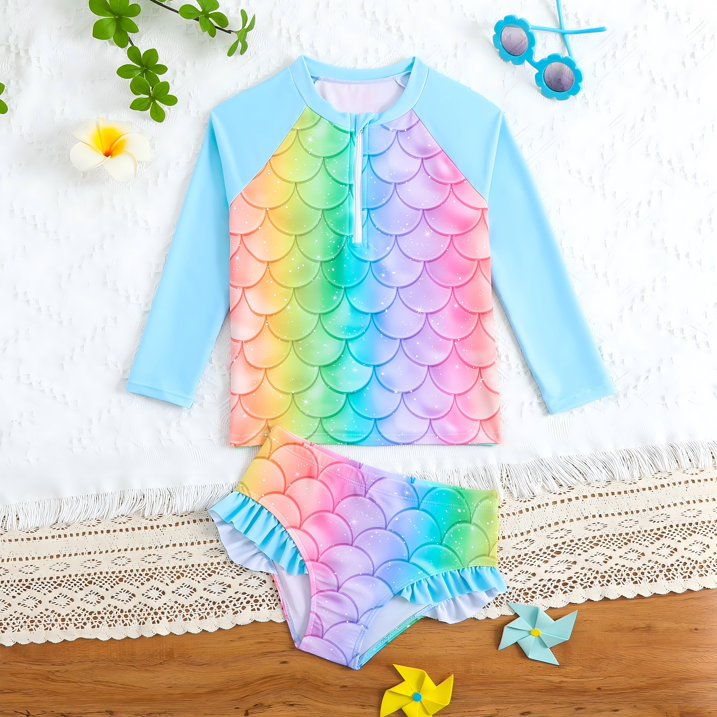 HILEELANG 3-8T Toddler/Little Girls Light Blue Rainbow Mermaid Scales Rashguard Swimsuit