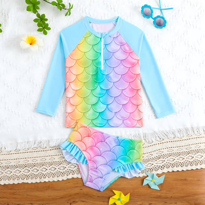 HILEELANG 3-8T Toddler/Little Girls Light Blue Rainbow Mermaid Scales Rashguard Swimsuit