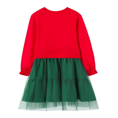HILEELANG Toddler Girls Christmas Long Sleeve Tulle Dress Cotton Casual Red Unicorn Embroidery Jersey Shirt Fall Winter Holiday Playwear Dresses