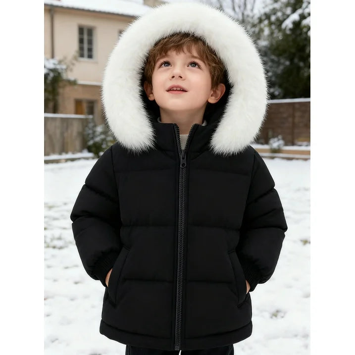 HILEELANG Toddler Baby Kids Winter Puffer Jacket with Detachable Hood and Faux Fur Trim – Warm Windproof Water-Resistant Coat for Boys and Girls