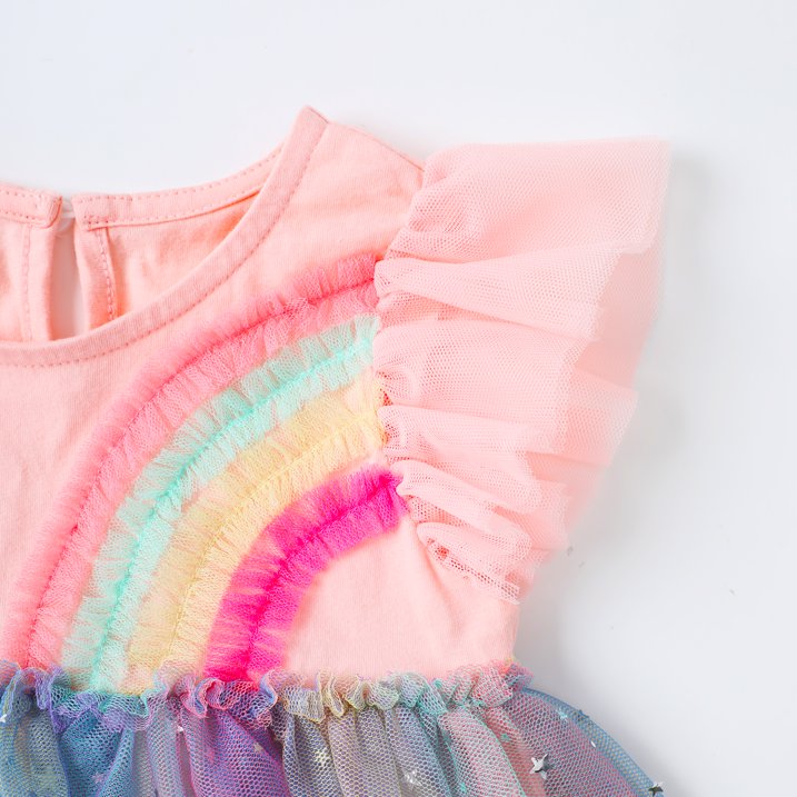 HILEELANG Baby Girl Dresses Short Ruffle Sleeve Cotton Tulle Tutu Pink Rainbow Birthday Party Dresses