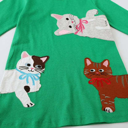 HILEELANG Toddler Girls Long Sleeved Dresses Christmas Winter Cotton Casual Cute Green Cat Cartoon Pattern Dress