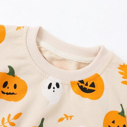 HILEELANG Toddler(18M-7T) Halloween Sweatshirt – 100% Cotton Pullover with Pumpkin Ghost and Leaf Print, Beige Fall Crewneck for Boys Girls