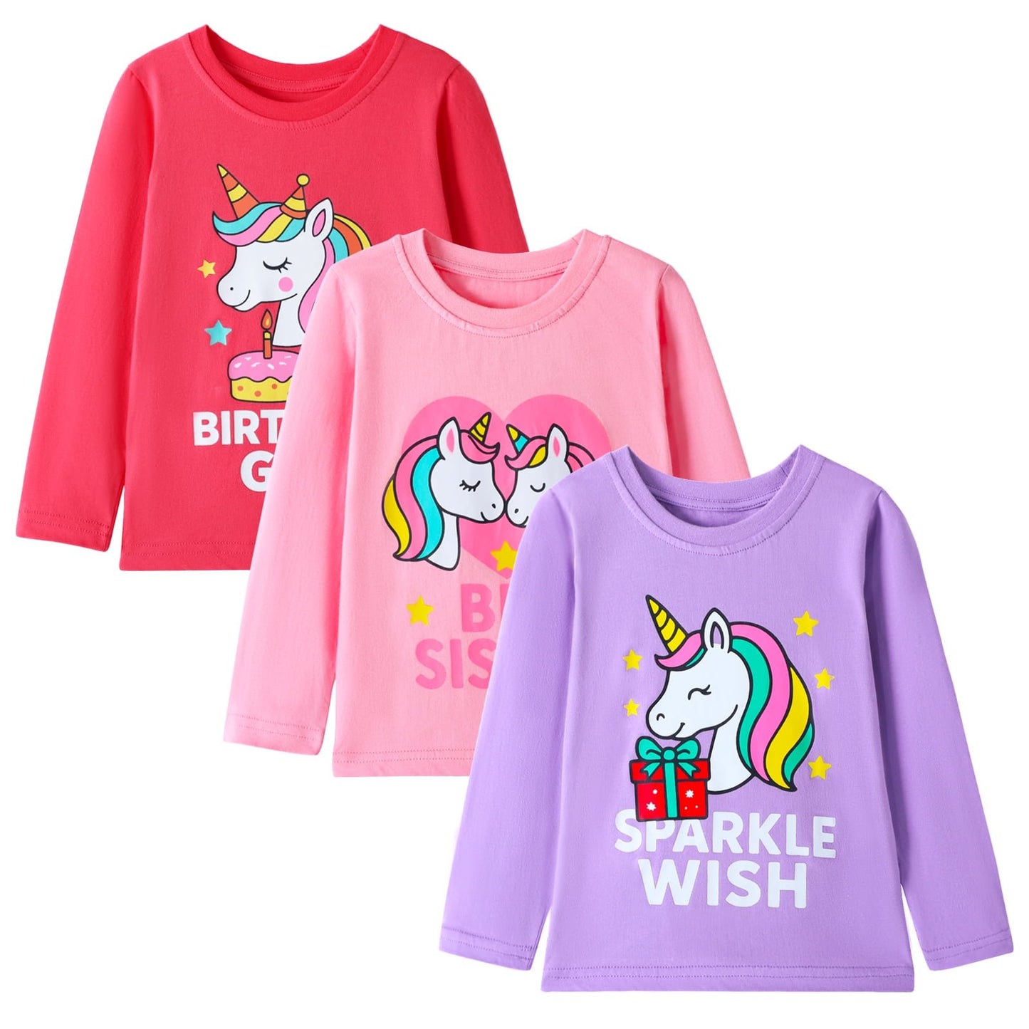 HILEELANG Toddler Girls Long Sleeve T Shirts Unicorn 3 Pack – 100% Cotton Casaul Birthday Girl Sparkle Wish Fall Winter Everyday Wear Kids Layering & Play Tops