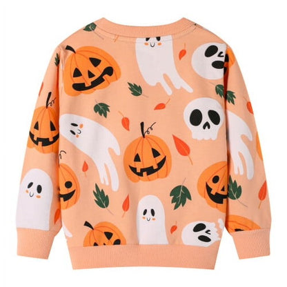 HILEELANG Toddler Girl Sweatshirts Halloween Pumpkin Ghost Printed Cotton Casual Crew Neck Long Sleeve Tops Shirt