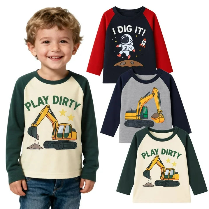 HILEELANG Toddler Boys（2Y-7Y) Shirt 3-Pack Excavator Graphic Long-Sleeve Tees Winter Cotton Casual Crewneck T-Shirts