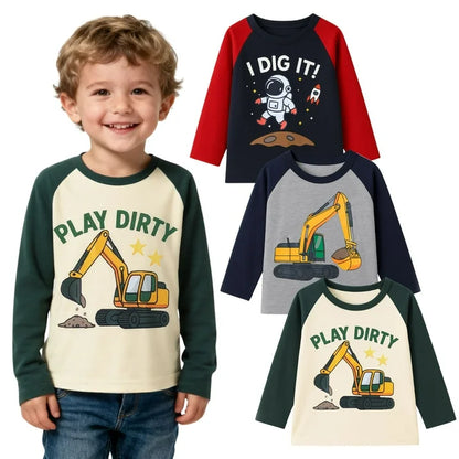 HILEELANG Toddler Boys（2Y-7Y) Shirt 3-Pack Excavator Graphic Long-Sleeve Tees Winter Cotton Casual Crewneck T-Shirts