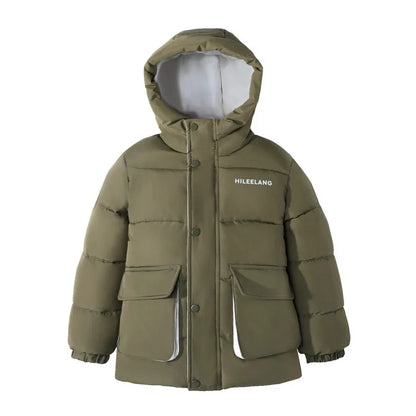 HILEELANG Kids Big Boys Warm Light Weight Padded Puffer Jacket with Hood Water-Resistant Winter Coat for Kids 6-13, Olive Green Outdoor Style