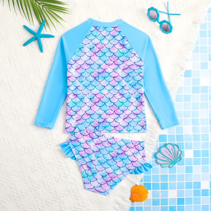 HILEELANG 3-8T Toddler/Little Girls Light Blue Ocean Mermaid Scales Rashguard Swimsuit